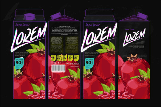 Template Packaging Design Pomegranate Juice. Concept design of Fruit Juice. Abstract Cardboard Box for Juice. Vector Packaging of Pomegranate Juice. Packaging Elements of Cardboard Box Template