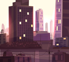 Vector beautiful sunset over cartoon city with highway. 