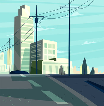 Vector Beautiful Sunrise Over Cartoon City With Highway. 