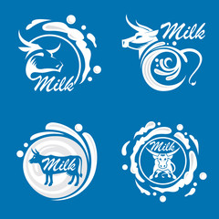 white icons set of milk on blue background