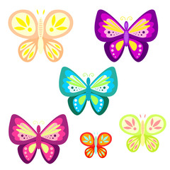 Butterfly set cartoon vector illustration. Butterfly insect for kid cartoon, book, tshirt applique, sticker or game asset.