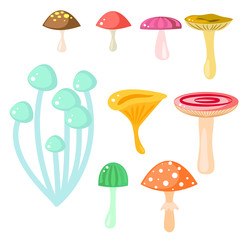 Fototapeta na wymiar Isolated cartoon mushrooms vector on white. Fungus, amanita, russule and saffron milk cap clip art. Forest magic fungus, game asset.