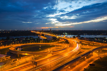 Fototapeta na wymiar Nonthaburi bridge in Bangkok Thailand road for transportation and sunset