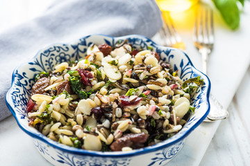 Healthy brunch, almonds and orzo salad