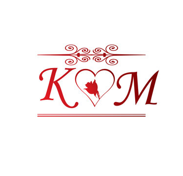 KM love initial with red heart and rose