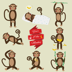 Set of Chinese Zodiac - Monkeys. Vector illustration.