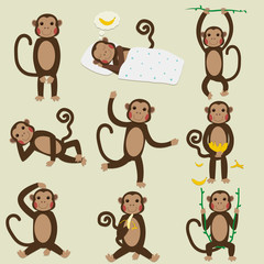 Set of Chinese Zodiac - Monkeys. Vector illustration.