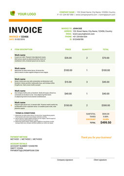 Vector Invoice Form Template Design. Vector Illustration. Green and Orange color Theme