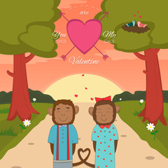 Obraz na płótnie Canvas Valentines day card with romantic couple monkeys. Vector illustration