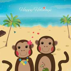 Obraz na płótnie Canvas Summer holidays card with romantic couple monkeys. Valentines day card. Summer background. Beautiful Monkey. Vector illustration