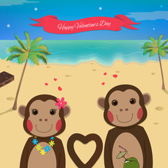 Valentines day card with romantic couple monkeys. Summer background. Beautiful Monkey. Vector illustration