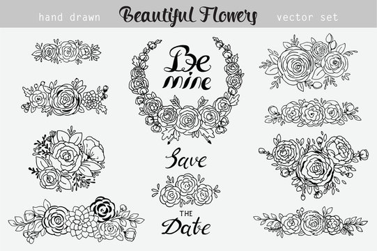 Hand Drawn vintage floral elements. Set of flowers, icons and decorative elements. Can be used for wedding invitation or holiday decoration, web page and more for your design