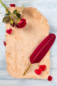 Frame of ancient paper and hearts.