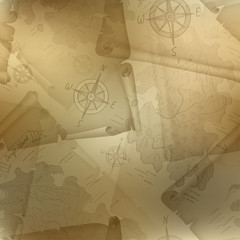 Brown seamless texture of old map of Treasure Island with a compass and manuscripts, vector illustration