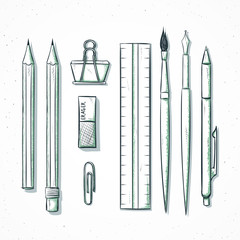 Isolated set stationery handmade in sketch style. Writing items