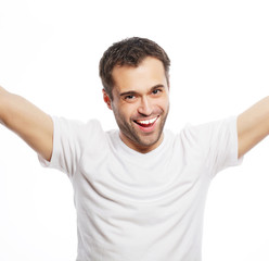 young man holding camera and making selfie 