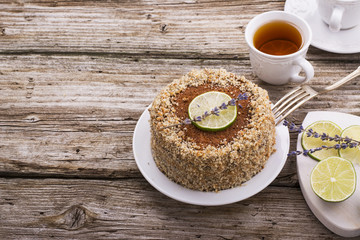 Delicate fragrant homemade cream pie with biscuit crumbs