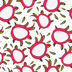 Seamless pattern with bright colorful image of fruit pitahaya 