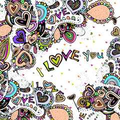 Bright illustrations with colorful hearts. 