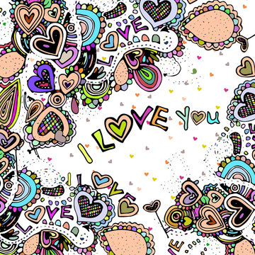 Bright illustrations with colorful hearts. 