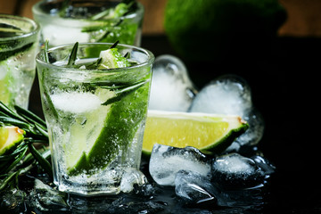 Lime Lemonade with rosemary and ice, dark toned image, selective