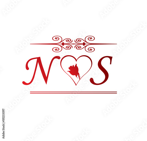 Ns Love Initial With Red Heart And Rose Stock Image And Royalty