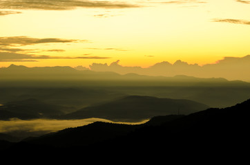 art tone,blurry,silhouette of sunset in the mountain