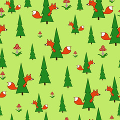 Seamless fox and forest background pattern in vector