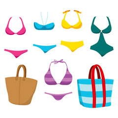 Collection of fashionable summer swim wear clothing elements and accessories for women
