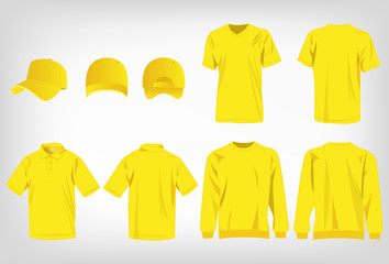 Sport yellow t-shirt, sweater, polo shirt and baseball cap isolated set vector - obrazy, fototapety, plakaty