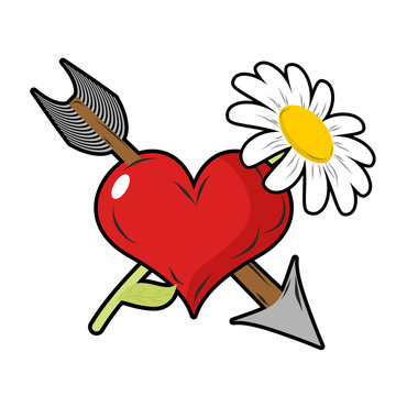 Love and flower. Red heart and arrow. Daisy field flower. Tattoo