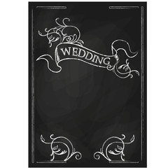 Chalkboard style vintage wedding invitation card on blackboard background.