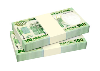 Rwandan francs bills isolated on white background. Computer generated 3D photo rendering.