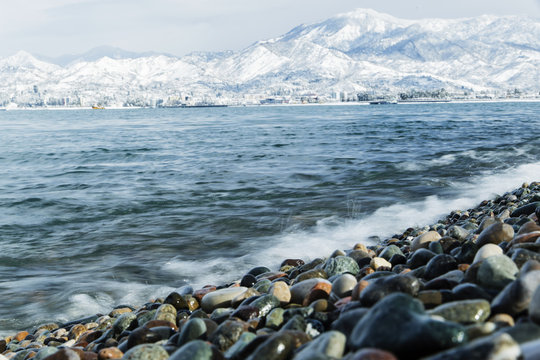 Fototapeta Landscape black sea on background snow mountains of Georgia Batumi Caucasus