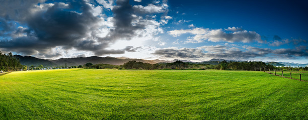 Fototapeta na wymiar New Zealand green field sunrise