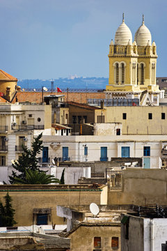 Tunisia. Tunis - old town (medina) seen from roof top. There is steeples of Tunis Cathedral (St Vincent de Paul) on second plan and Byrsa Hill with St Louis Cathedral on background (on horizon)