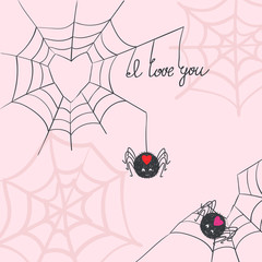 Cute spiders in love. Romantic background. 