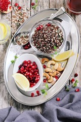 Quinoa salad and honey-lemon dressing ingredients .Healthy eating. Superfoods concept