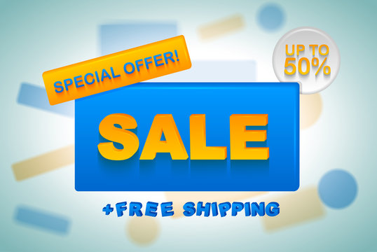 Special offer sale blue and yellow rectangular web banner on blur deep background. Free shipping and up 50% off text.