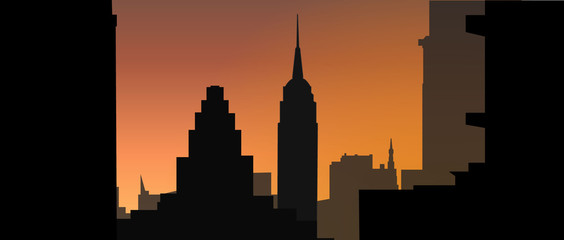 Vector illustration of city landscape silhouette sunset.