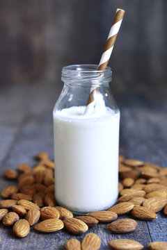 Almond milk in a bottle.
