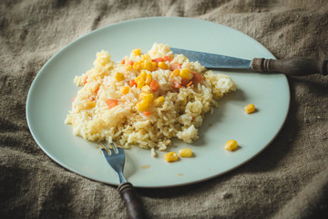 risotto on a wooden table.
