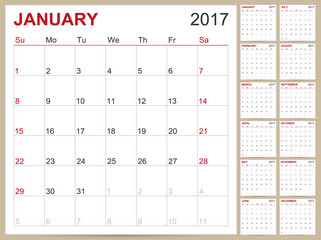 English Calendar 2017 / Planning calendar template January - December, week starts on Sunday, vector illustration