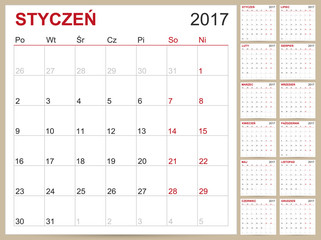 Polish Calendar 2017/ Planning calendar template January - December, week starts on Monday, vector illustration