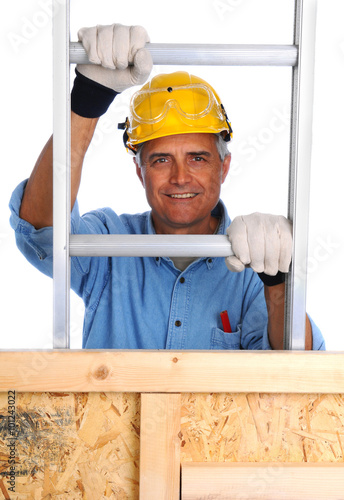 "Construction Worker Climbing Ladder" Stock photo and royalty-free