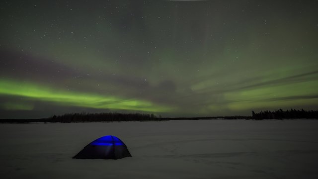 Superb colorful aurora lights and a tent seen in Fairbanks, Alaska