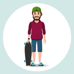 Cute hipster boy character. Skater guy with longboard and a cap.