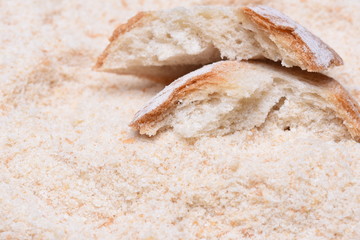 Pieces of bread on the background of bread crumbs