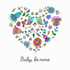 Cute doodle heart with floral background and space for text. Wedding invitation, greeting card, Valentines day