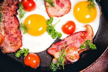 Scrambled eggs with bacon delicious breakfast